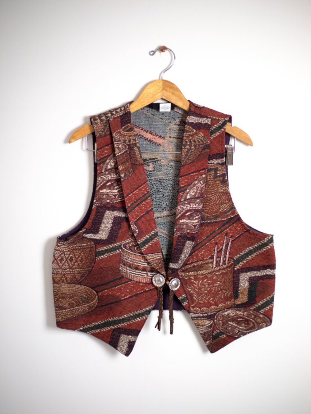 Vintage 90s Southwestern Tapestry Vest | Concho Buttons + Braided Leather Tie